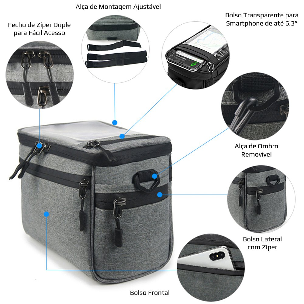 Bolsa de Guidão Impermeável para Bike - Cinza - 4L Armazenamento Bolsa de Guidão Impermeável para Bike - Cinza - 4L Armazenamento